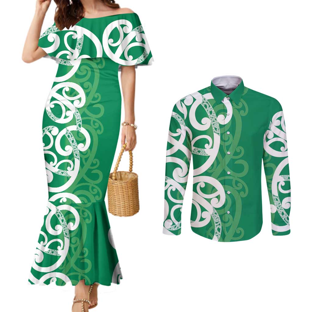 Pounamu Green Maori Couples Matching Mermaid Dress and Long Sleeve Button Shirt Koru Kowhaiwhai - Aussie Hoodie