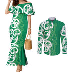 Pounamu Green Maori Couples Matching Mermaid Dress and Long Sleeve Button Shirt Koru Kowhaiwhai - Aussie Hoodie