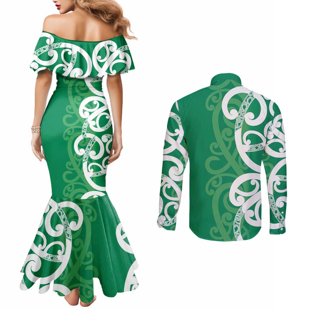 Pounamu Green Maori Couples Matching Mermaid Dress and Long Sleeve Button Shirt Koru Kowhaiwhai - Aussie Hoodie