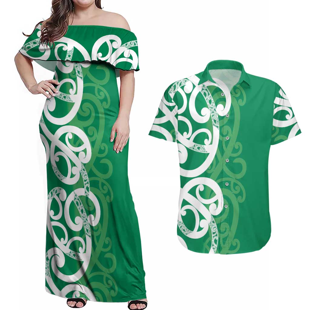 Pounamu Green Maori Couples Matching Off Shoulder Maxi Dress and Hawaiian Shirt Koru Kowhaiwhai - Aussie Hoodie