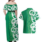 Pounamu Green Maori Couples Matching Off Shoulder Maxi Dress and Hawaiian Shirt Koru Kowhaiwhai - Aussie Hoodie