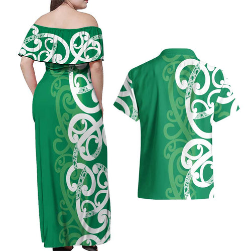 Pounamu Green Maori Couples Matching Off Shoulder Maxi Dress and Hawaiian Shirt Koru Kowhaiwhai - Aussie Hoodie