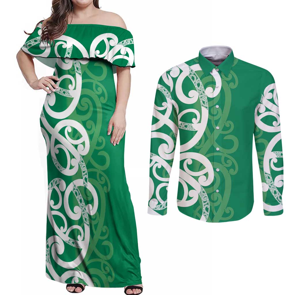 Pounamu Green Maori Couples Matching Off Shoulder Maxi Dress and Long Sleeve Button Shirt Koru Kowhaiwhai - Aussie Hoodie