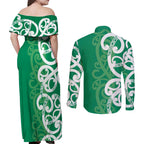 Pounamu Green Maori Couples Matching Off Shoulder Maxi Dress and Long Sleeve Button Shirt Koru Kowhaiwhai - Aussie Hoodie