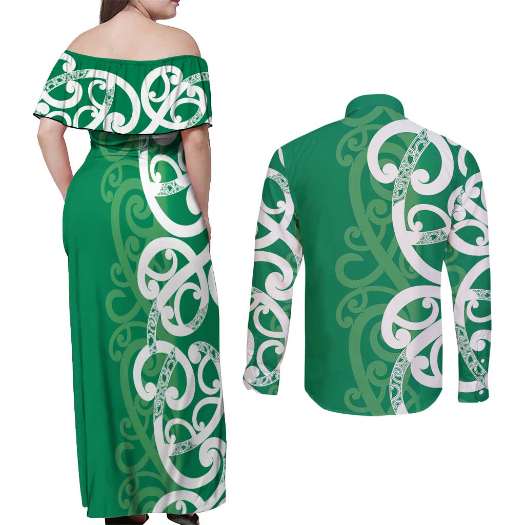 Pounamu Green Maori Couples Matching Off Shoulder Maxi Dress and Long Sleeve Button Shirt Koru Kowhaiwhai - Aussie Hoodie