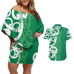Pounamu Green Maori Couples Matching Off Shoulder Short Dress and Hawaiian Shirt Koru Kowhaiwhai - Aussie Hoodie