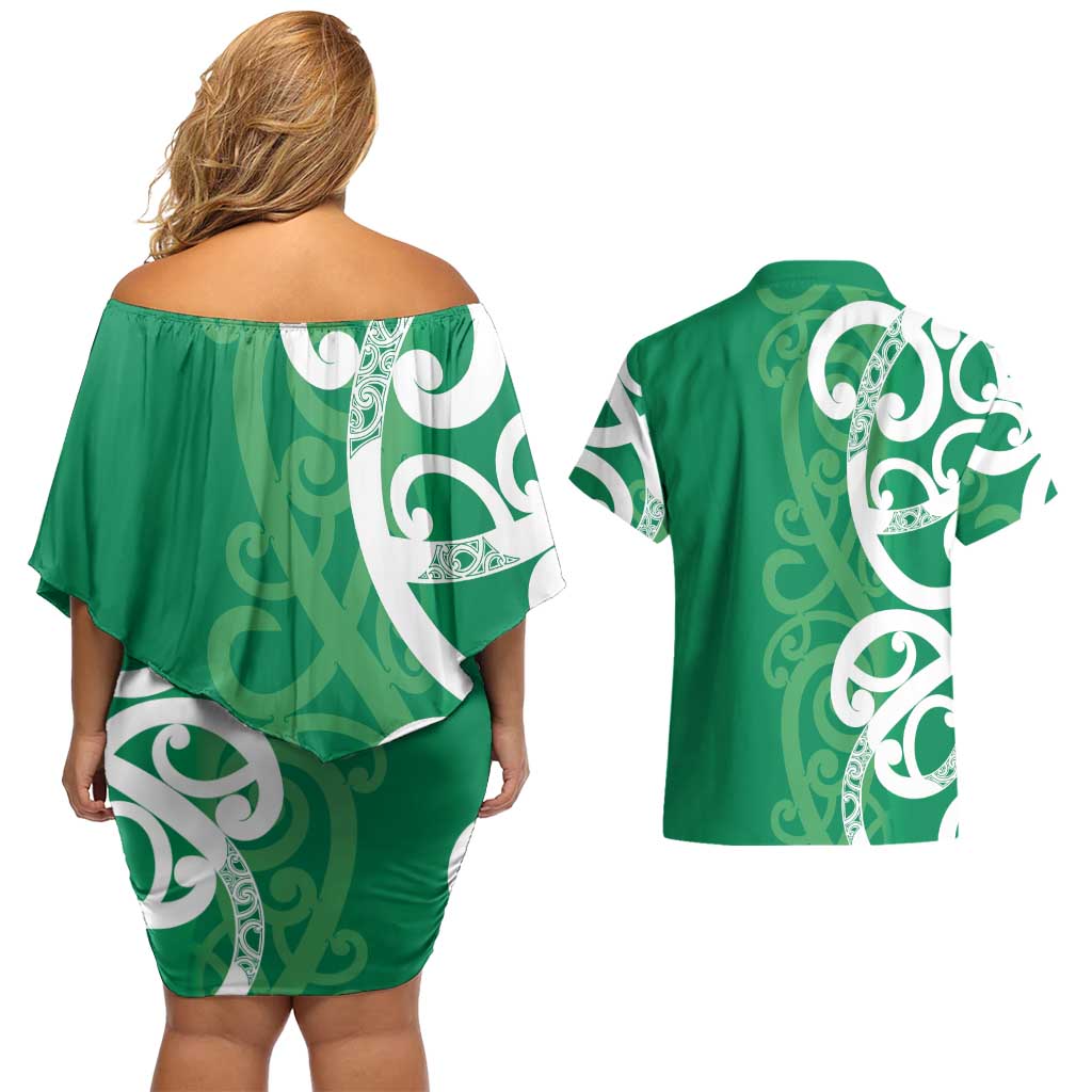 Pounamu Green Maori Couples Matching Off Shoulder Short Dress and Hawaiian Shirt Koru Kowhaiwhai - Aussie Hoodie