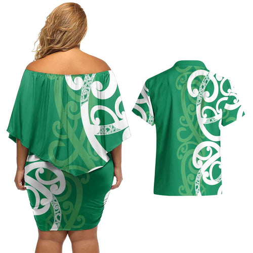 Pounamu Green Maori Couples Matching Off Shoulder Short Dress and Hawaiian Shirt Koru Kowhaiwhai - Aussie Hoodie