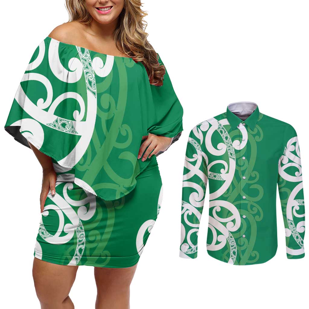 Pounamu Green Maori Couples Matching Off Shoulder Short Dress and Long Sleeve Button Shirt Koru Kowhaiwhai - Aussie Hoodie