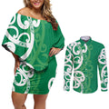 Pounamu Green Maori Couples Matching Off Shoulder Short Dress and Long Sleeve Button Shirt Koru Kowhaiwhai - Aussie Hoodie