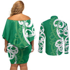 Pounamu Green Maori Couples Matching Off Shoulder Short Dress and Long Sleeve Button Shirt Koru Kowhaiwhai - Aussie Hoodie