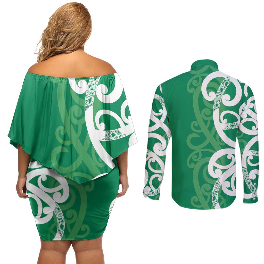 Pounamu Green Maori Couples Matching Off Shoulder Short Dress and Long Sleeve Button Shirt Koru Kowhaiwhai - Aussie Hoodie