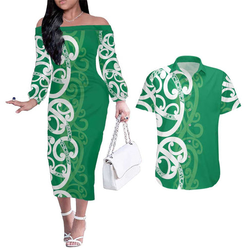 Pounamu Green Maori Couples Matching Off The Shoulder Long Sleeve Dress and Hawaiian Shirt Koru Kowhaiwhai - Aussie Hoodie