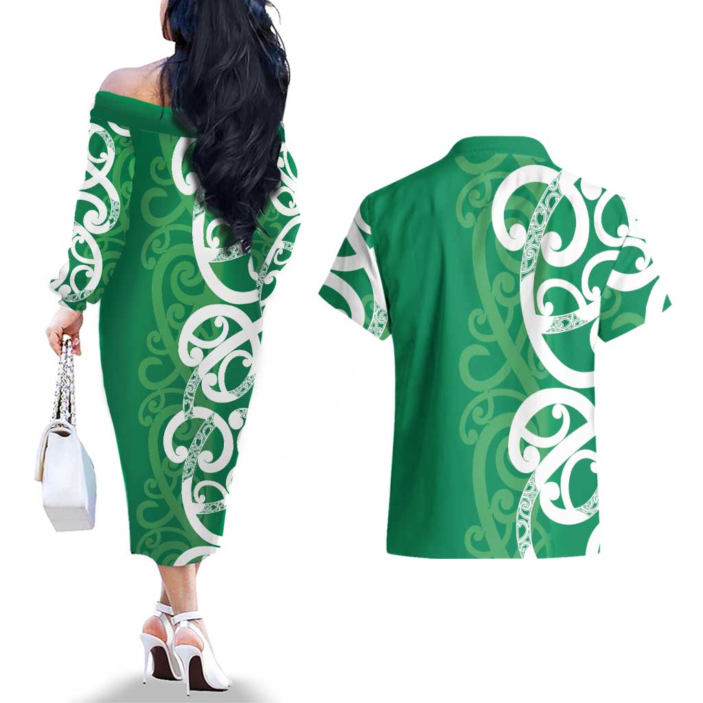 Pounamu Green Maori Couples Matching Off The Shoulder Long Sleeve Dress and Hawaiian Shirt Koru Kowhaiwhai - Aussie Hoodie