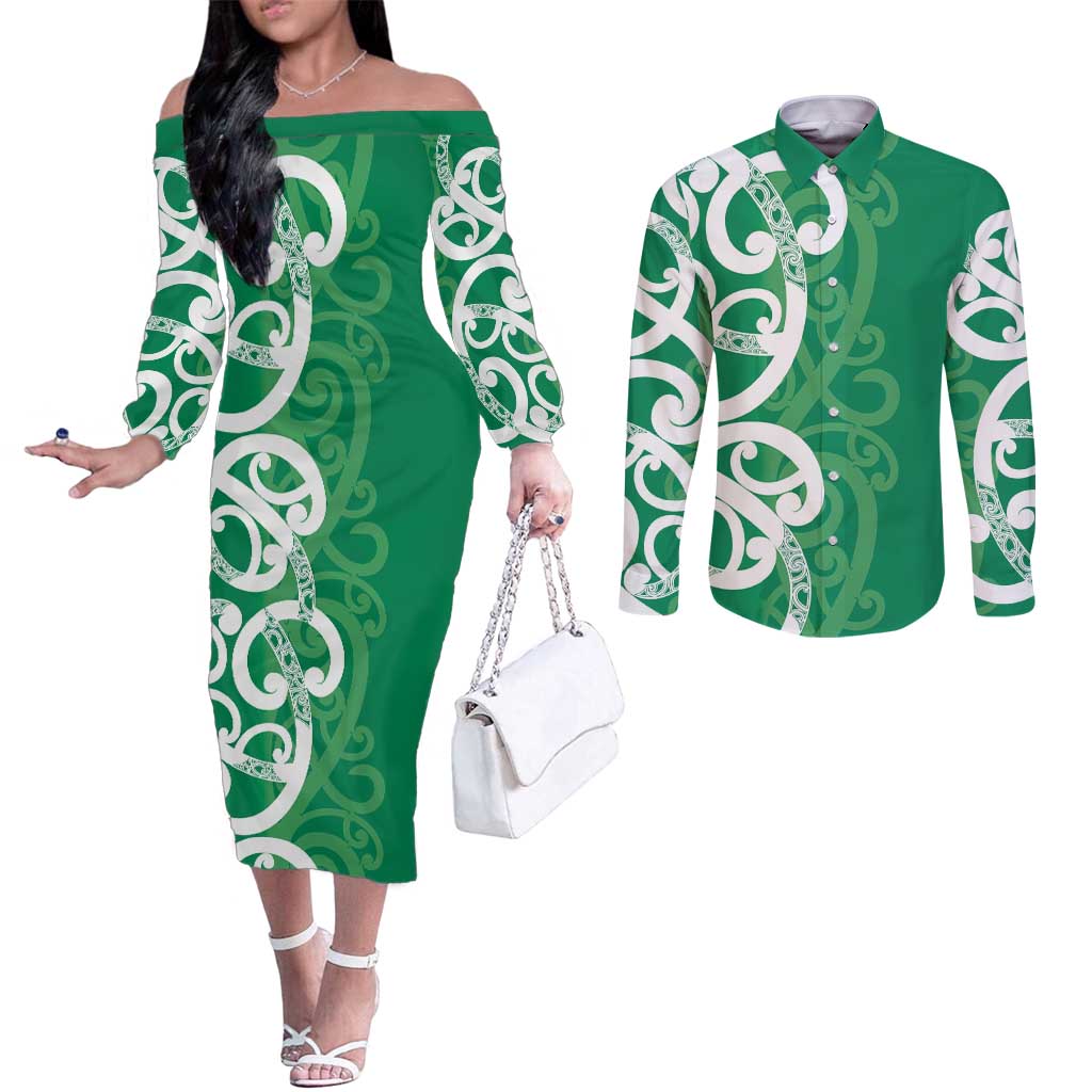 Pounamu Green Maori Couples Matching Off The Shoulder Long Sleeve Dress and Long Sleeve Button Shirt Koru Kowhaiwhai - Aussie Hoodie