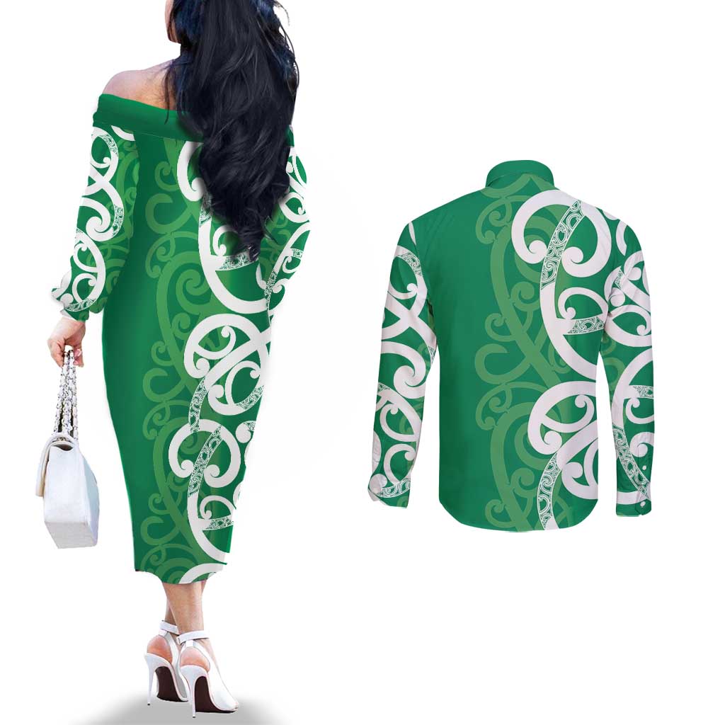 Pounamu Green Maori Couples Matching Off The Shoulder Long Sleeve Dress and Long Sleeve Button Shirt Koru Kowhaiwhai - Aussie Hoodie