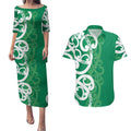 Pounamu Green Maori Couples Matching Puletasi and Hawaiian Shirt Koru Kowhaiwhai - Aussie Hoodie