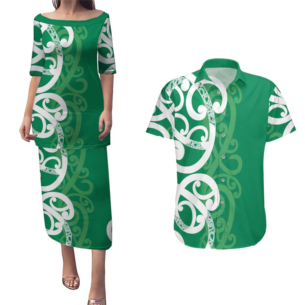 Pounamu Green Maori Couples Matching Puletasi and Hawaiian Shirt Koru Kowhaiwhai - Aussie Hoodie
