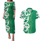 Pounamu Green Maori Couples Matching Puletasi and Hawaiian Shirt Koru Kowhaiwhai - Aussie Hoodie