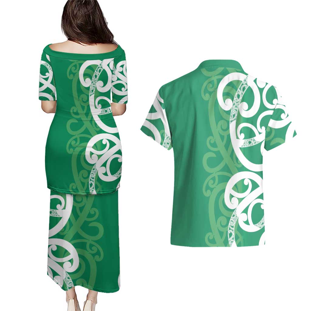 Pounamu Green Maori Couples Matching Puletasi and Hawaiian Shirt Koru Kowhaiwhai - Aussie Hoodie
