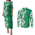 Pounamu Green Maori Couples Matching Puletasi and Long Sleeve Button Shirt Koru Kowhaiwhai - Aussie Hoodie