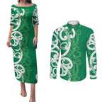 Pounamu Green Maori Couples Matching Puletasi and Long Sleeve Button Shirt Koru Kowhaiwhai - Aussie Hoodie