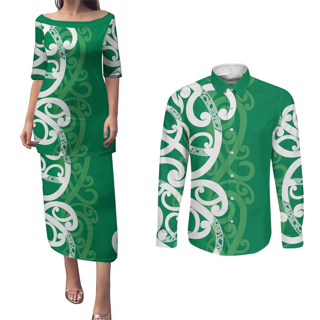 Pounamu Green Maori Couples Matching Puletasi and Long Sleeve Button Shirt Koru Kowhaiwhai - Aussie Hoodie