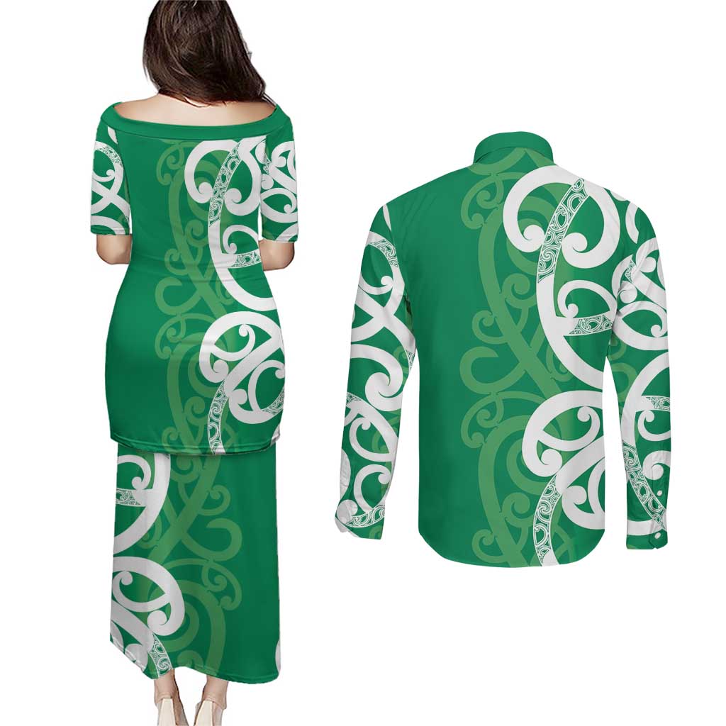 Pounamu Green Maori Couples Matching Puletasi and Long Sleeve Button Shirt Koru Kowhaiwhai - Aussie Hoodie