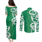 Pounamu Green Maori Couples Matching Puletasi and Long Sleeve Button Shirt Koru Kowhaiwhai - Aussie Hoodie