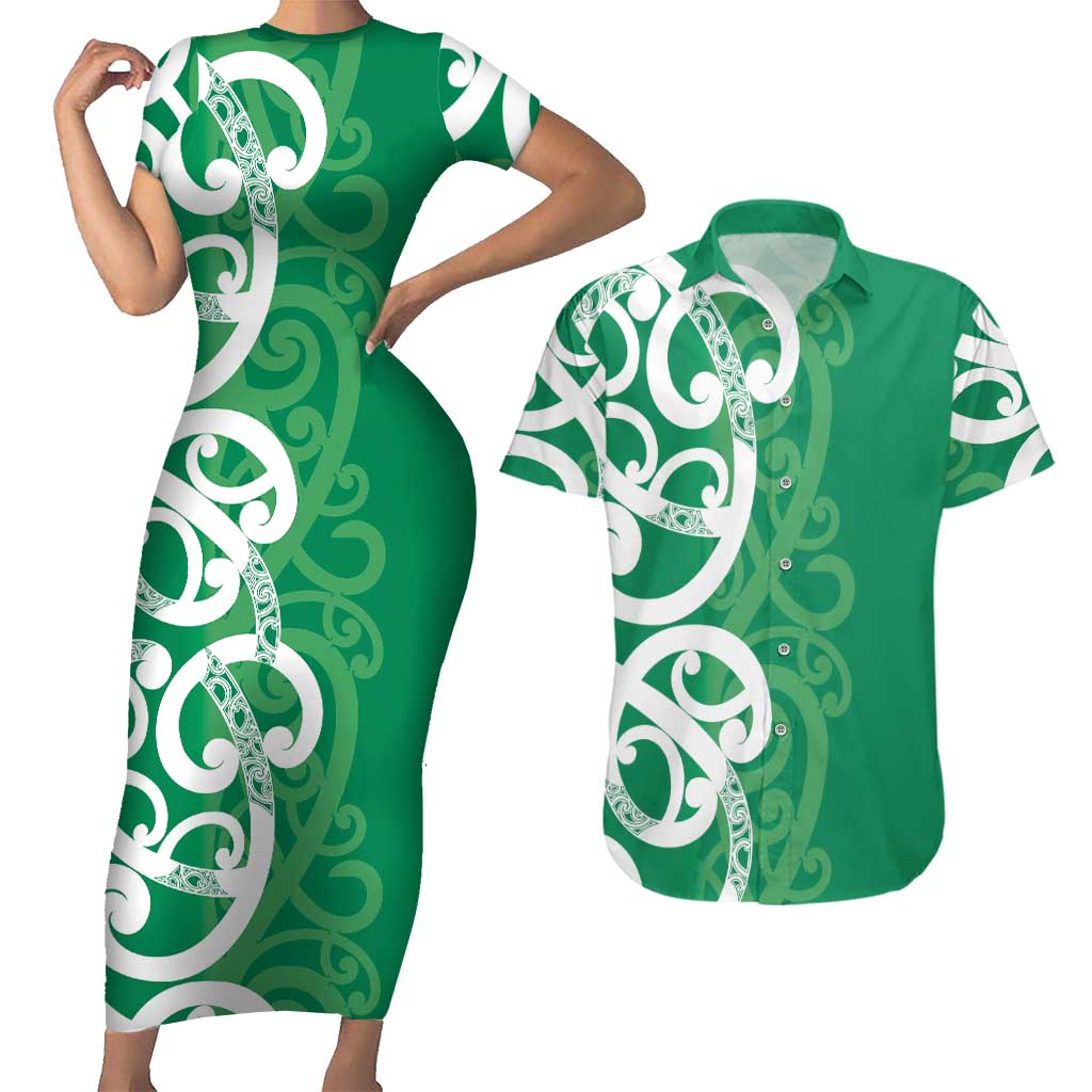 Pounamu Green Maori Couples Matching Short Sleeve Bodycon Dress and Hawaiian Shirt Koru Kowhaiwhai - Aussie Hoodie