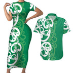 Pounamu Green Maori Couples Matching Short Sleeve Bodycon Dress and Hawaiian Shirt Koru Kowhaiwhai - Aussie Hoodie