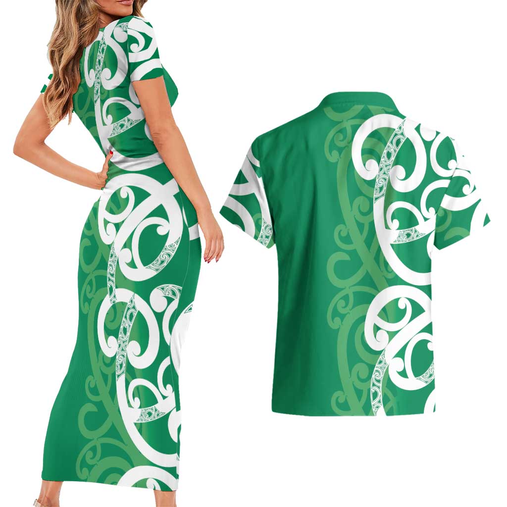 Pounamu Green Maori Couples Matching Short Sleeve Bodycon Dress and Hawaiian Shirt Koru Kowhaiwhai - Aussie Hoodie