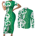 Pounamu Green Maori Couples Matching Short Sleeve Bodycon Dress and Long Sleeve Button Shirt Koru Kowhaiwhai - Aussie Hoodie