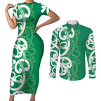 Pounamu Green Maori Couples Matching Short Sleeve Bodycon Dress and Long Sleeve Button Shirt Koru Kowhaiwhai - Aussie Hoodie