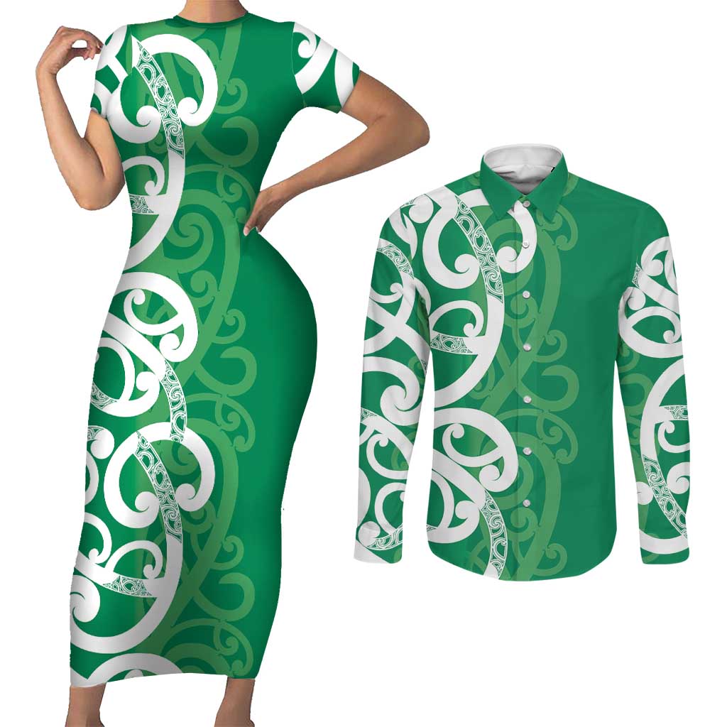 Pounamu Green Maori Couples Matching Short Sleeve Bodycon Dress and Long Sleeve Button Shirt Koru Kowhaiwhai - Aussie Hoodie