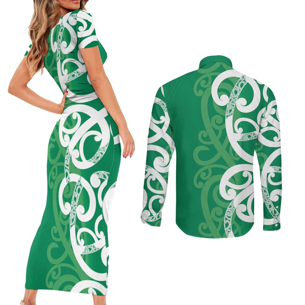 Pounamu Green Maori Couples Matching Short Sleeve Bodycon Dress and Long Sleeve Button Shirt Koru Kowhaiwhai - Aussie Hoodie
