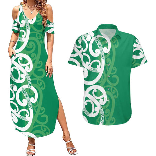 Pounamu Green Maori Couples Matching Summer Maxi Dress and Hawaiian Shirt Koru Kowhaiwhai - Aussie Hoodie
