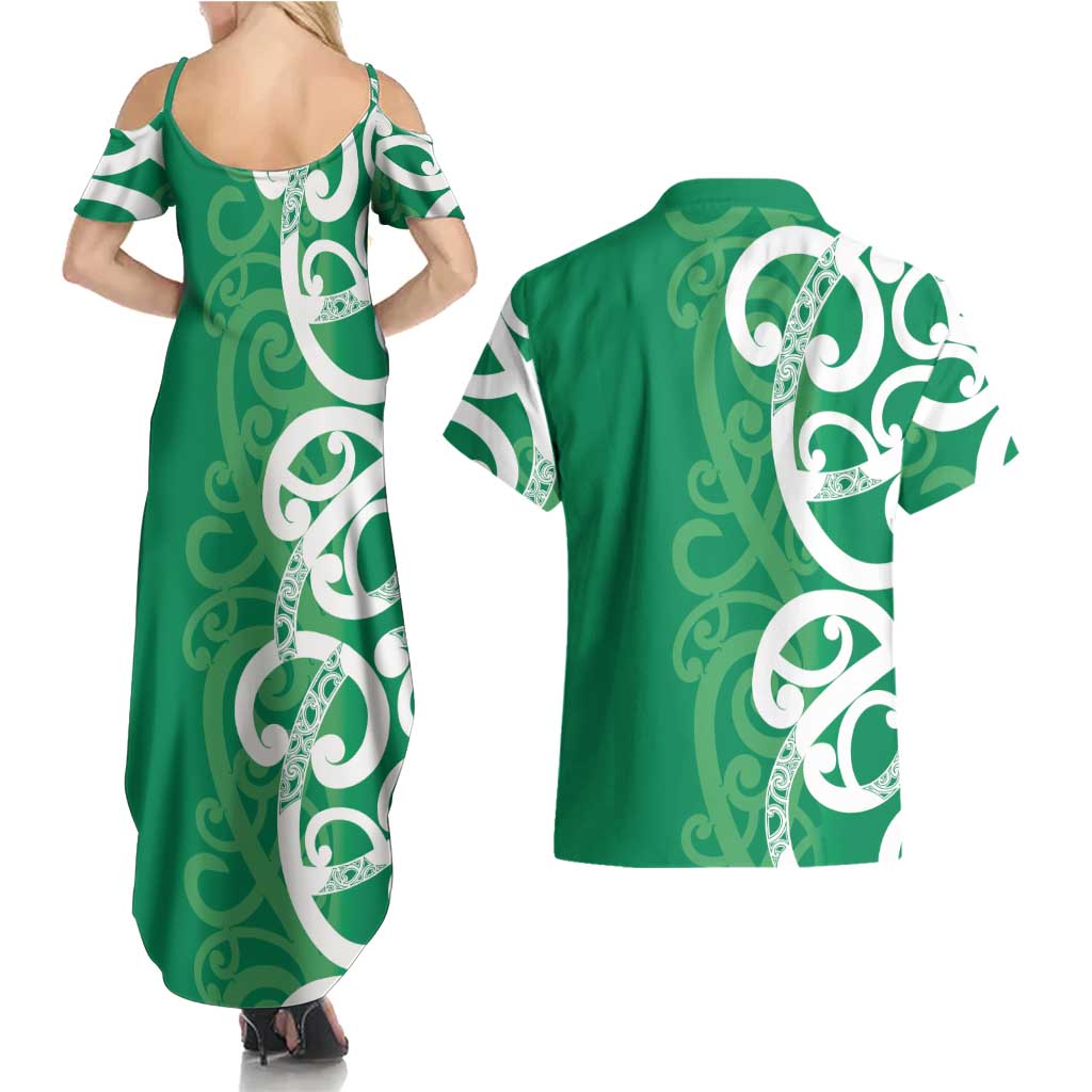 Pounamu Green Maori Couples Matching Summer Maxi Dress and Hawaiian Shirt Koru Kowhaiwhai - Aussie Hoodie