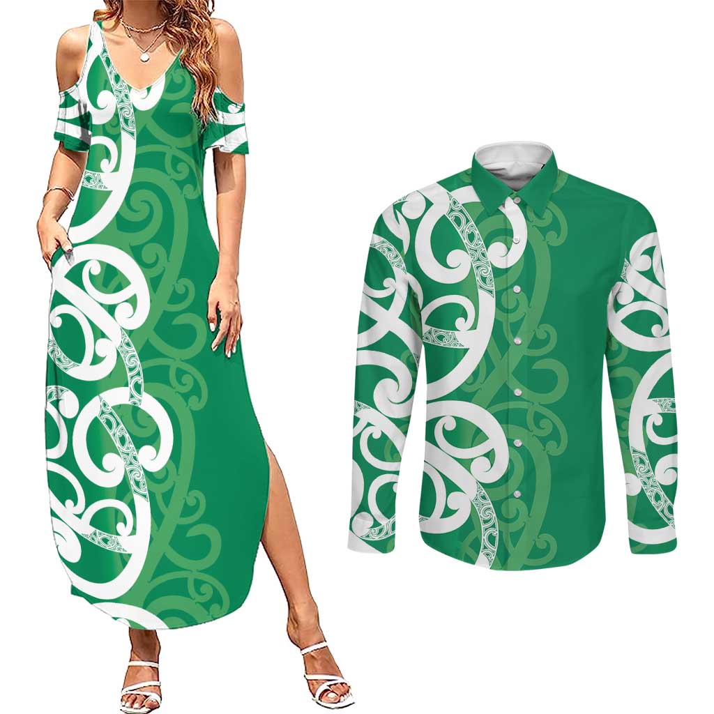 Pounamu Green Maori Couples Matching Summer Maxi Dress and Long Sleeve Button Shirt Koru Kowhaiwhai - Aussie Hoodie