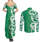 Pounamu Green Maori Couples Matching Summer Maxi Dress and Long Sleeve Button Shirt Koru Kowhaiwhai - Aussie Hoodie