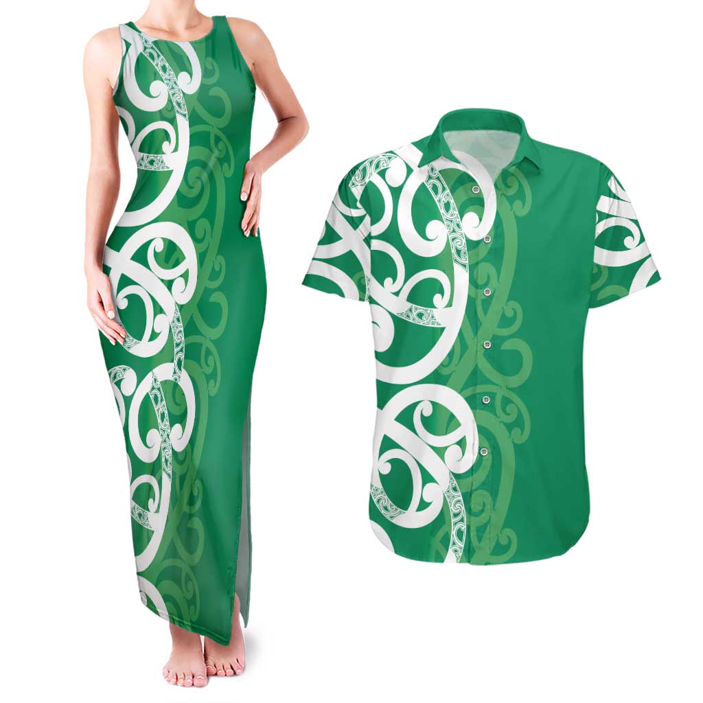 Pounamu Green Maori Couples Matching Tank Maxi Dress and Hawaiian Shirt Koru Kowhaiwhai - Aussie Hoodie
