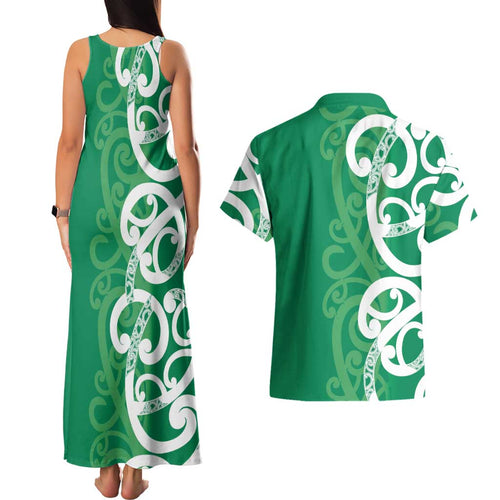 Pounamu Green Maori Couples Matching Tank Maxi Dress and Hawaiian Shirt Koru Kowhaiwhai - Aussie Hoodie