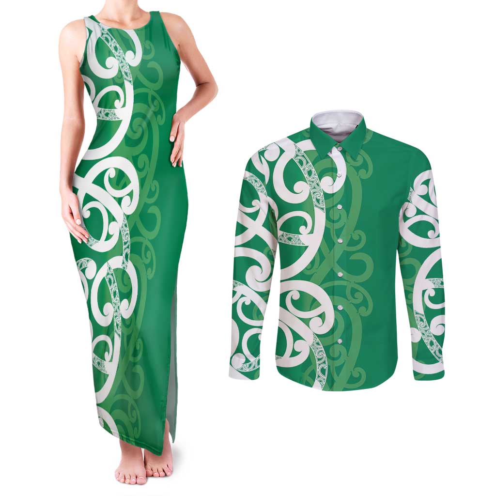Pounamu Green Maori Couples Matching Tank Maxi Dress and Long Sleeve Button Shirt Koru Kowhaiwhai - Aussie Hoodie