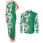 Pounamu Green Maori Couples Matching Tank Maxi Dress and Long Sleeve Button Shirt Koru Kowhaiwhai - Aussie Hoodie