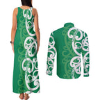 Pounamu Green Maori Couples Matching Tank Maxi Dress and Long Sleeve Button Shirt Koru Kowhaiwhai - Aussie Hoodie