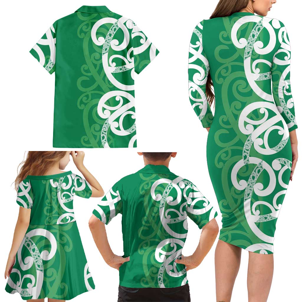 Pounamu Green Maori Family Matching Long Sleeve Bodycon Dress and Hawaiian Shirt Koru Kowhaiwhai - Aussie Hoodie