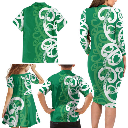 Pounamu Green Maori Family Matching Long Sleeve Bodycon Dress and Hawaiian Shirt Koru Kowhaiwhai - Aussie Hoodie