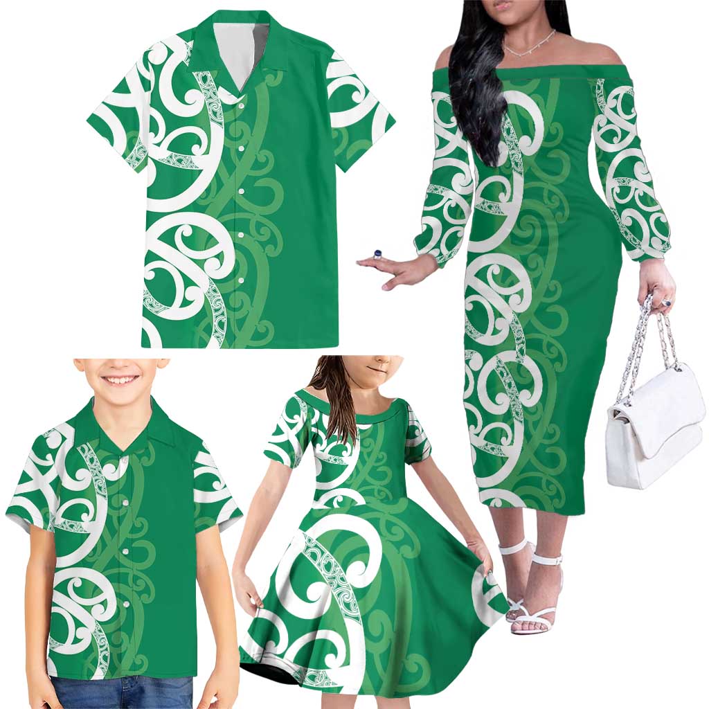 Pounamu Green Maori Family Matching Off The Shoulder Long Sleeve Dress and Hawaiian Shirt Koru Kowhaiwhai - Aussie Hoodie