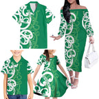Pounamu Green Maori Family Matching Off The Shoulder Long Sleeve Dress and Hawaiian Shirt Koru Kowhaiwhai - Aussie Hoodie