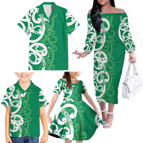 Pounamu Green Maori Family Matching Off The Shoulder Long Sleeve Dress and Hawaiian Shirt Koru Kowhaiwhai - Aussie Hoodie